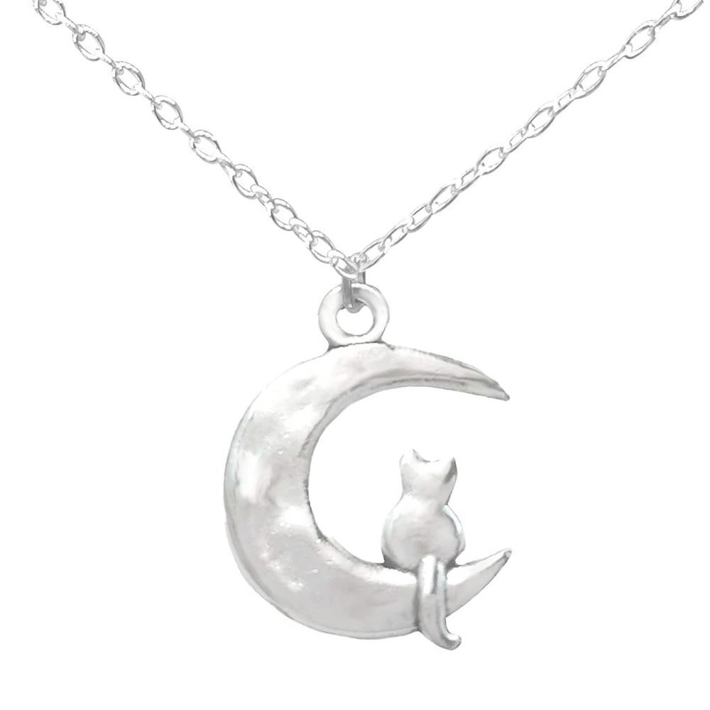 Silver Kitty Cat on The Moon Pendant Necklace for Cat Lovers | Gift for Cat Mom